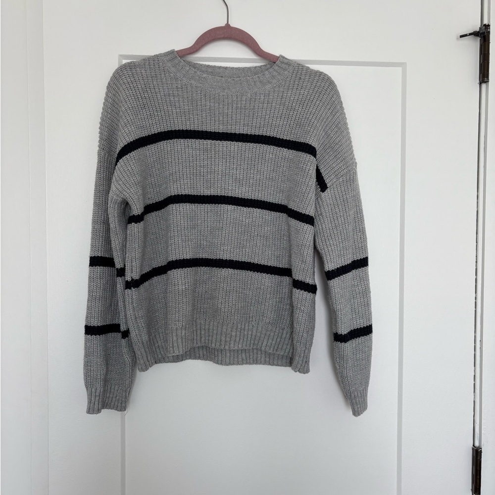 POL Gray and Black Striped Crew Neck Sweater
